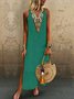 Loosen Vacation Linen Simple  Ethnic V Neck Short sleeve Woven Dress