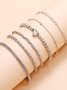 6Pcs Silver Metal Beaded Heart Pattern Multilayer Bracelet Set