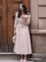 Off White V Neck Ruched Maxi A-Line Dress With Belt