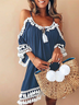 Mostata Boho Crew Neck Solid A-line Cold Shoulder Casual Women Dress